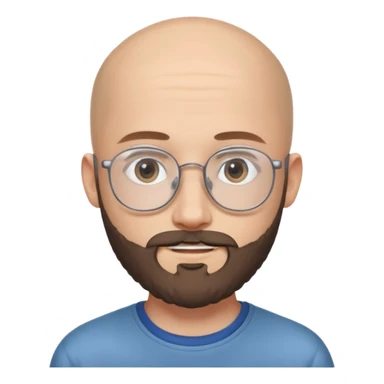 молодой парень 18 лет, лысый, с густой бородой и очень тонкими очками. У него серые глаза, и он выглядит как ребенок, несмотря на свой возраст. sticker