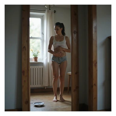 hyperrealistic 4K detailed image of a woman with hormonal imbalance, standing in front of mirror, clothes tight on abdomen, puzzled face, scale on floor, domestic environment sticker