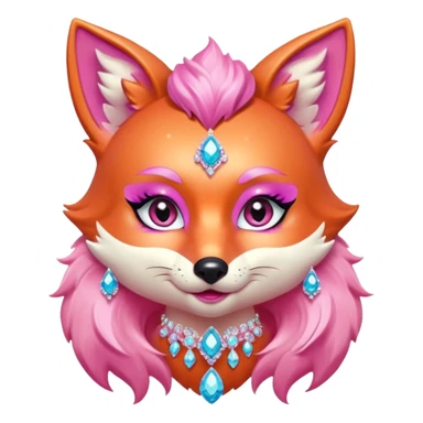 glamorous fox portrait, head and shoulders only, exaggerated pink makeup, bright eyeshadow, long eyelashes, shiny blush cheeks, sparkling face gems, glitter accents, elegant earrings, fantasy beauty style, cute 3D cartoon, mobile game icon style, clean background, no text, no watermark
 sticker