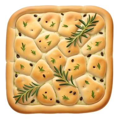 Focaccia Cinematic Realistic Focaccia Bread Dish Emoji, depicted as a golden, olive-oil brushed flatbread sprinkled with herbs, rendered with lifelike textures and warm, inviting lighting. sticker