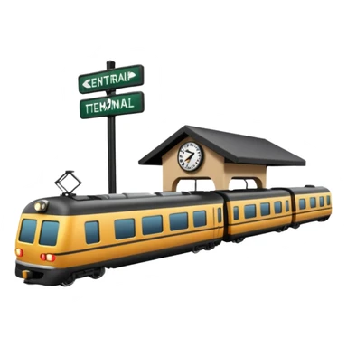 A 3D cartoon train terminal with tracks, platform signs, and an arriving train, Memoji-style realism. sticker