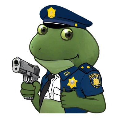 holding a gun, wearing a cop outfit sticker