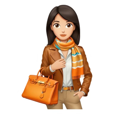 Elegant and tan woman wearing a leather Hermes jacket and a multicolored silk scarf around her neck. She has an orange Hermes Birkin Bag. I want the image to be close up, starting from the waist up.  sticker