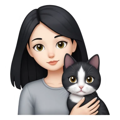 Girl with long black hair holding white and black and grey shorthair cat sticker