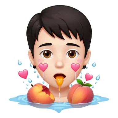 Cute boy, light pink eyes, grown out dark hair, eating a peach, pink hearts floating , water dripping from mouth sticker
