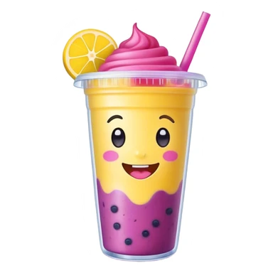 Cute Kawaii Smoothie Cup, filled with blended fruity goodness, a smiling face with excited eyes, bright colorful layers of pink, yellow, and purple, topped with a straw and tiny fruit slices! sticker