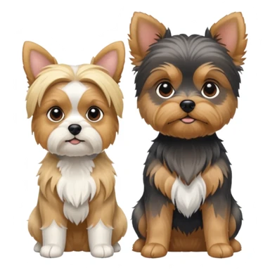 Generate a blue and tan purebred yorkie with a blonde shi tzu yorkie mix with floppy ears sitting next to each other. Make them the same size sticker