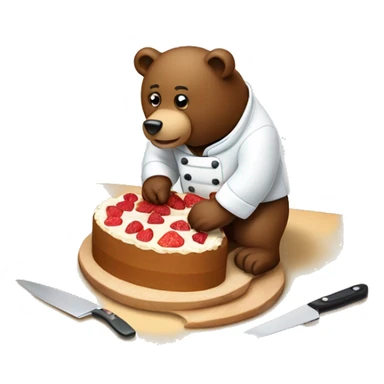 a bear chef slicing a cake on a cutting board, the cake cut into multiple slices already sticker