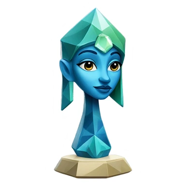 Sculpture oracle priestess with a geometric faceted design with disney features. Oracle of delphi is sparkling and standing upright on a base with angular and flower features. The vibrant blues neutrals and greens highlights the sharp edges and planes.  sticker