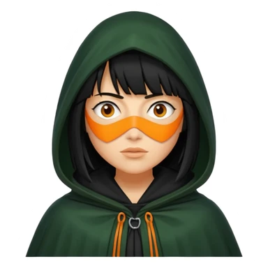 traitor tv show, person wearing dark green cloak with hood up who looks like claudia winkleman orange skin tone and thick black fringe sticker