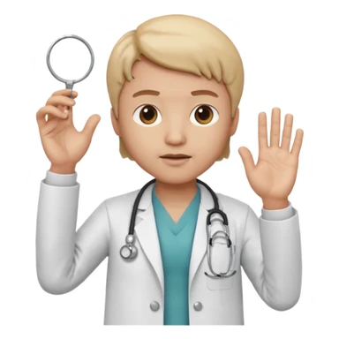 3D memoji doctor, hand raised forward in stop gesture, serious face, educational tone, white coat, stethoscope visible, centered, transparent PNG sticker