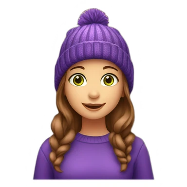 Girl with brown hair and green eyes in front of beautiful Christmas tree in new york city celebrating christmas and wearing a purple beanie sticker