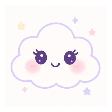 a white cloud with girly features, soft pink blush, long eyelashes, cute smile, playful feminine style, pastel colors sticker