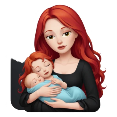 White woman in black dress with long red hair and makeup holding one sleeping baby sticker
