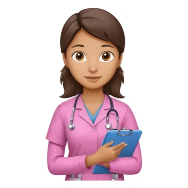 female doctor in pink scrubs holding clipboard, realistic sticker