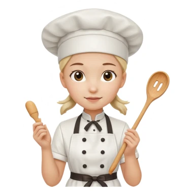 Young female pastry chef - ponytail, apron, wearing a white hat, holding a cream piping bag sticker