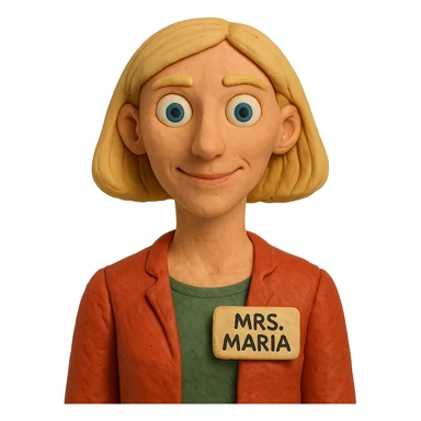 claymation style Mrs. Maria, math and artificial intelligence teacher, no glasses, thin nose, blonde eyebrows, blonde bob hair, blue eyes sticker