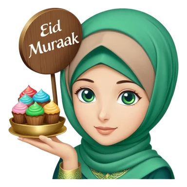 Turkish beautiful finish Konya girl blue eyes with green emerald hijab islamic dress and had on her hand text Eid Mubarak with sweets and celebrating with her friends eid days   sticker
