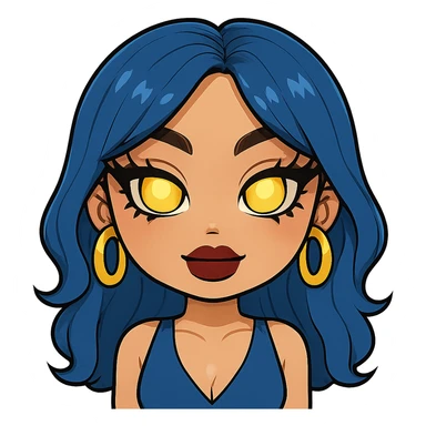 Make her look nice and cute, but with slightly scary eyes, keep gyaru style, blue hair, pretty makeup, bratz baddie style, emoji style, with no background. sticker