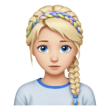 Blonde girl with messy braid in and a white sweater with blue eyes sticker