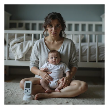 hyperrealistic 4K image of new mother sitting on nursery floor, baby monitor in hand, surrounded by safety devices, dark circles under eyes, worried and exhausted, safe and detailed nursery sticker
