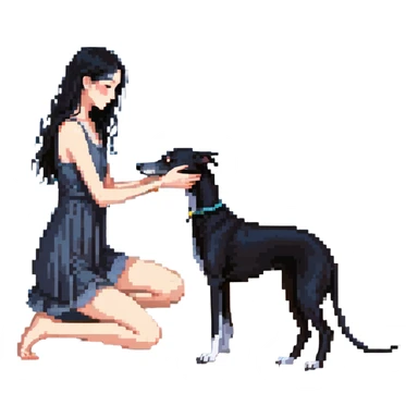 A very beautiful and attractive 25-year-old Japanese woman with long flowing black hair gently petting a SOLID DARK GREY whippet on a beach at night under a starry sky. The woman's hand is lovingly stroking the whippet. The whippet MUST be COMPLETELY SOLID DARK GREY with ABSOLUTELY NO WHITE MARKINGS ANYWHERE - no white chest, no white face, no white paws, no white tip on tail - ENTIRELY ONE SOLID DARK GREY COLOR throughout the entire dog. Deep blue night sky filled with bright stars, moonlight reflecting on the ocean, sandy beach in the foreground. sticker
