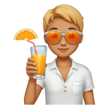 a hand holding fruit juice, wearing sunglasses, with a beach background sticker