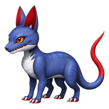 midnight blue-gray-black, with red markings, white belly, scaley Bastet-Noibat-Gatomon-Garchomp-Digimon-Fakémon-Pokémon-creature (full body) sticker