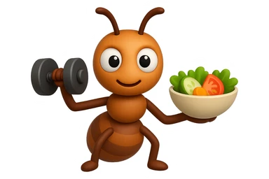 EMOJI STILE IPHONE 3D DI UNA formica CHE ha un manubrio da palestra nella mano destra e un insalata nella mano sinistra, FAGLI GLI OCCHI CON LA PARTE BIANCA, NON SOLO LA PUPILLA sticker