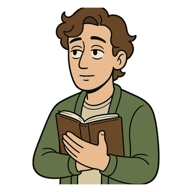 Calm and thoughtful male confidant, fair skin, soft wavy brown hair, gentle eyes, wearing a green cardigan over a light shirt, holding an open journal close to chest, waist-up, front-facing, pure background sticker