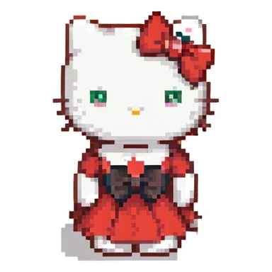 Hello Kitty sitting pose red dress classic look minimal details pixel art with a subtle bow variation sticker
