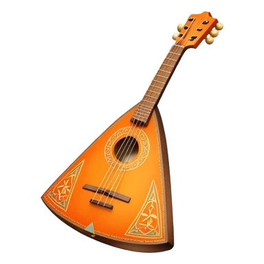 Create a traditional and vibrant emoji representing a Russian balalaika. The design should feature the distinctive triangular shape of the balalaika with three strings, a beautifully crafted wooden body, and visible tuning pegs. Add musical notes around the instrument to emphasize its cultural significance and melodic sound. Use warm, rich colors like natural wood tones, bright orange, and gold accents to evoke the authenticity of Russian folk music. The background should be transparent. sticker