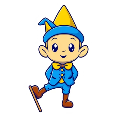 Cartoon Pinocchio puppet with growing long nose, blue outfit and pointed hat sticker