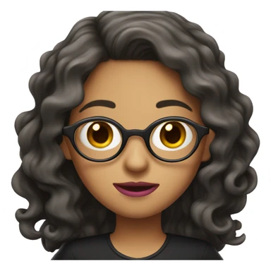 dark wavy long hair nerd girl, wearing a black dress, pink mouth sticker