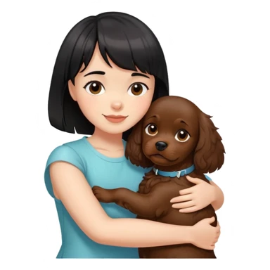 A girl with short black hair and bangs happily hugs a brown cocker spaniel sticker