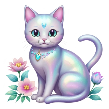 Pastel iridescent shiny glossy ethereal fantasy glittery cat with flowers and pastel colors aesthetic sticker