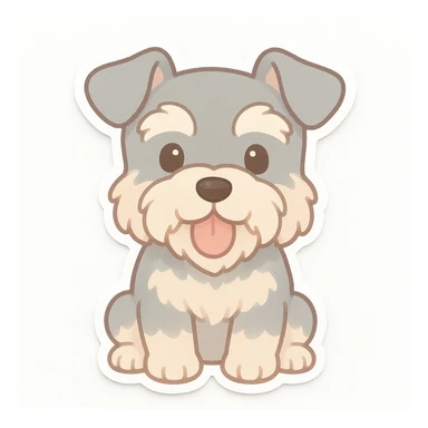 chibi sticker of a mini schnauzer, sitting, tongue out, pastel colors, white background sticker
