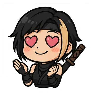 Sexy chibi ninja girl with black short hair and a blonde streak, only head and arms, colorful chibi style with bold outlines, transparent background, no mask, love expression with hearts for eyes and a dreamy smile, sized for Twitch emoji use. sticker