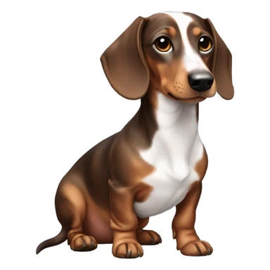 a dachshund, features a smooth coat with a white body patterned with dark brown patches and a brown head shaded with darker tones. With one eye dark brown and the other one blue  sticker