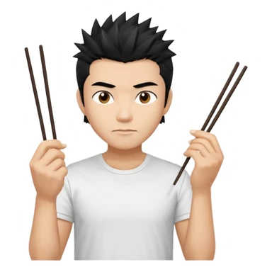 Make it a vietnamese male with spiky black hair hold ONE pair of chopsticks, t-shirt sticker