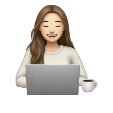 smiling woman pale skin middle brown long straight hair with a closed laptop and a coffee mug wearing a white woolly shirt having her eyes closed in a snowstorm sticker