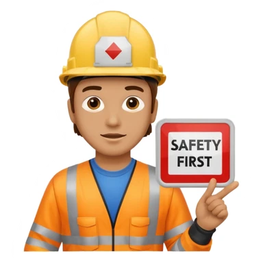 a guy wearing safety outfit with helmet holding a panel written on it SAFETY FIRST sticker