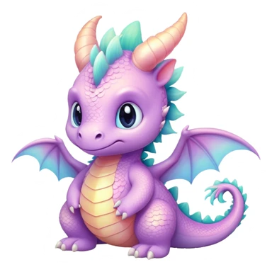 Cinematic fluffy pastel dragon, tiny round wings, chubby feet, sparkling gentle eyes, delicate glowing scales, soft colors blending magically, enchanting and whimsical. sticker