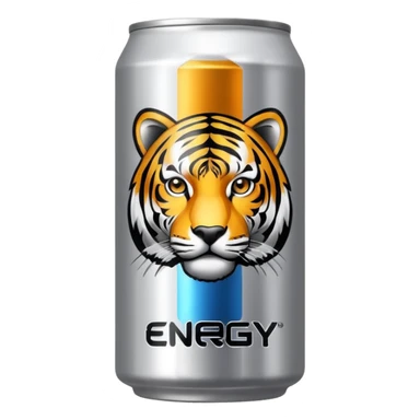 energy drink with with silver background color and a tiger on it also have sign and written as like energy drinks sticker