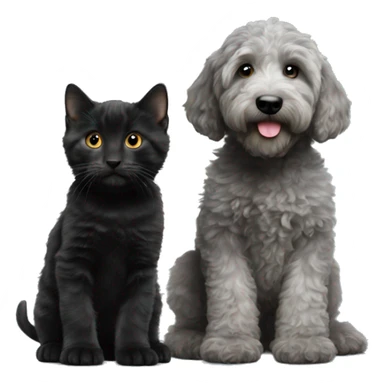 Grey labradoodle puppy next to a black kitten sticker