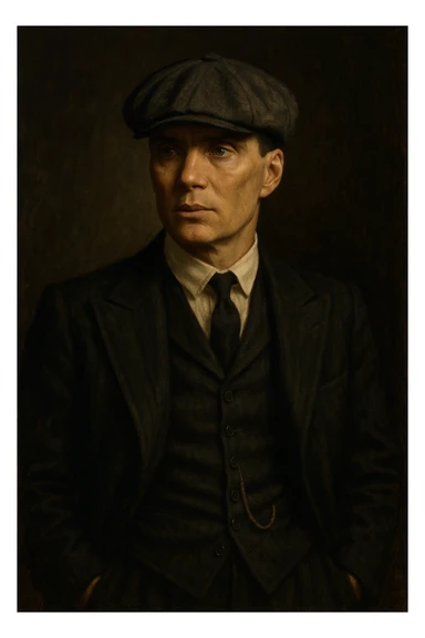 Thomas Shelby, Peaky Blinders, stylized portrait, vintage 1920s fashion, moody atmosphere sticker