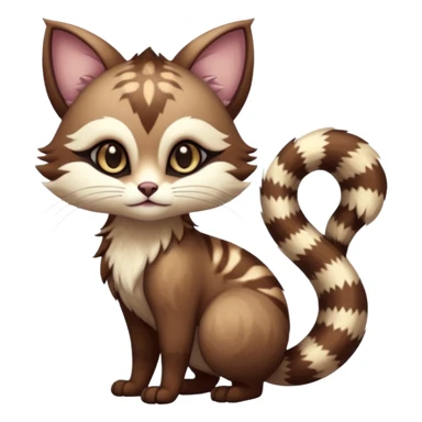Kawaii dark edgy brown beige white fantasy ethereal feline-vernid-furret-fursona animal creature with a tufted tail full body with intricate markings  sticker