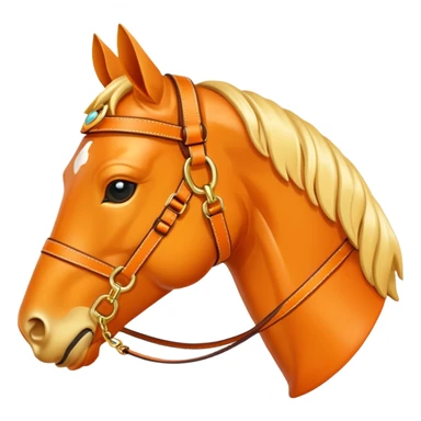 Hermès-style horse head emoji, modern harness design, Hermès orange and gold, luxury, cute sticker