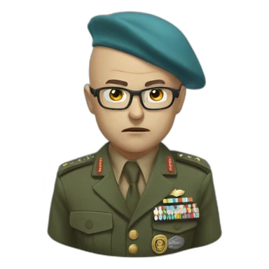 Realistic cyan beret bald very furious general with glasses no hair furious very angry frown with khaki uniform sticker