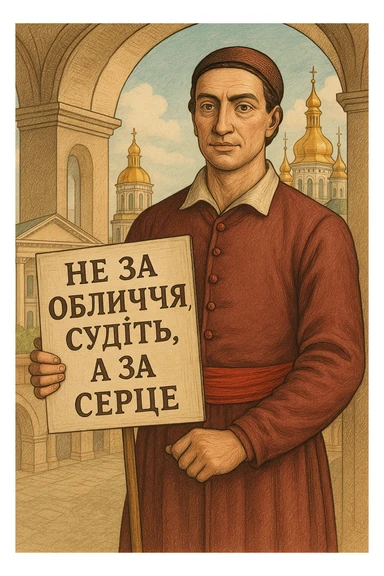 Create an illustrative style image of the character from the provided photo holding a sign with the text: "Не за обличчя судіть, а за серце". The style should be illustrative and detailed, capturing the essence of the character and the message on the sign. sticker